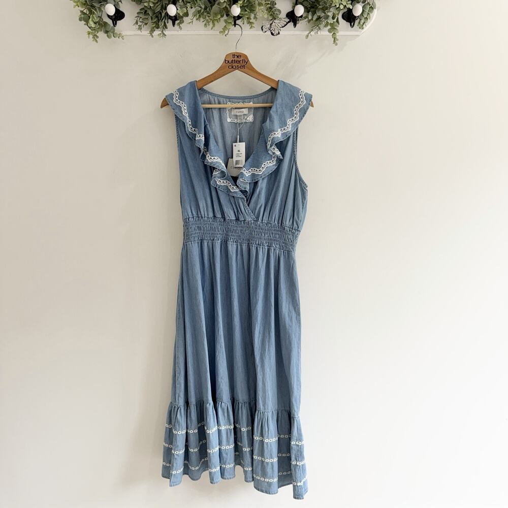 New Cupio Chambray Denim Embroidered Tiered Maxi Dress XL country western 7-6055